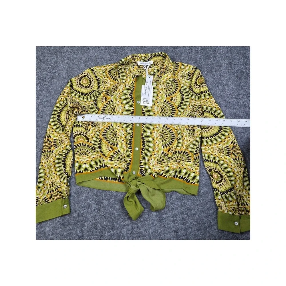 Rose Olive Geometric‎ Print Button Up Shirt Women's Green